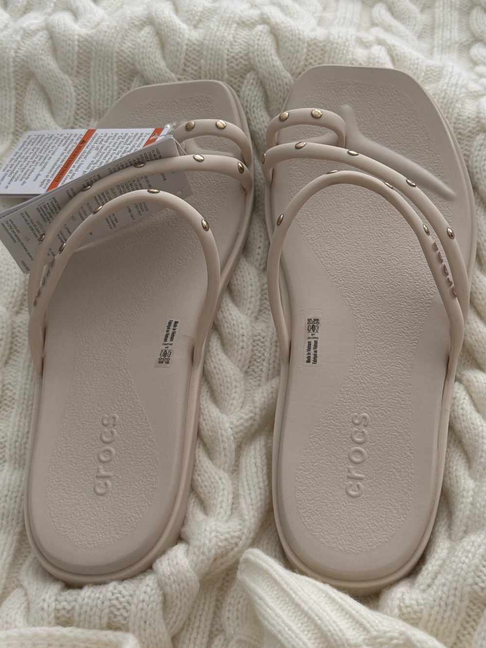 CROCS Women’s Triple Strap Stud Sandals in Light Beige